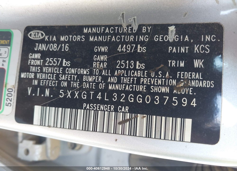 2016 KIA OPTIMA LX VIN: 5XXGT4L32GG037594