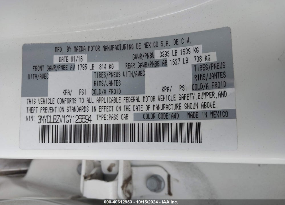 2016 TOYOTA SCION IA VIN: 3MYDLBZV1GY126694
