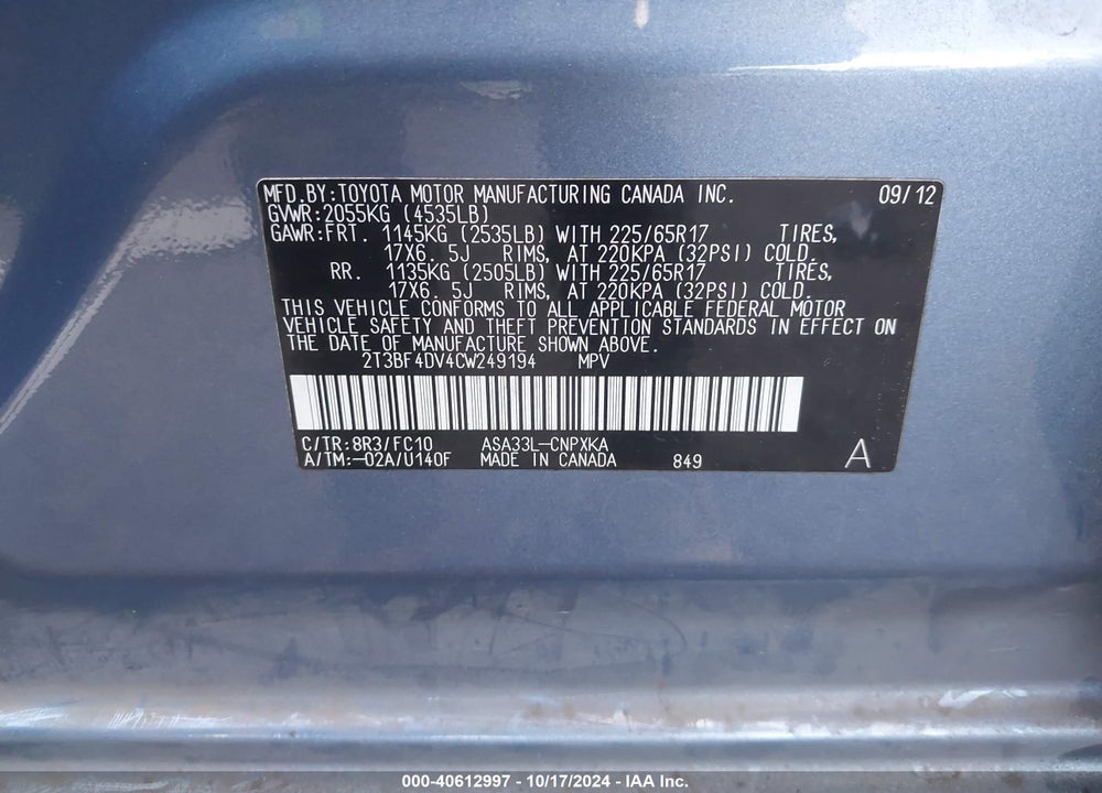 2012 TOYOTA RAV4 VIN: 2T3BF4DV4CW249194