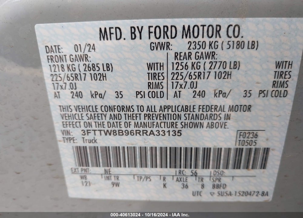 2024 FORD MAVERICK XL VIN: 3FTTW8B96RRA33135