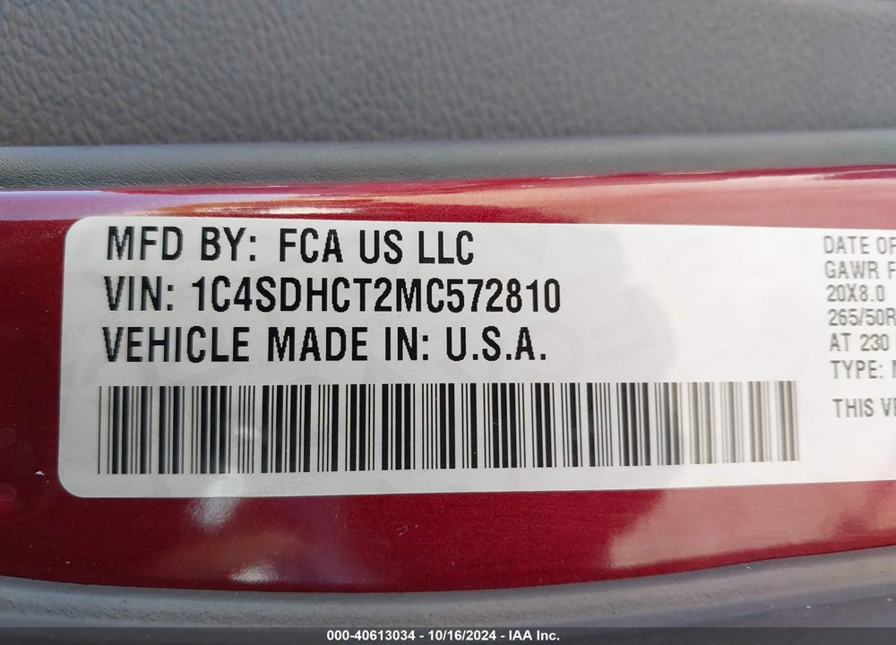 2021 DODGE DURANGO R/T RWD VIN: 1C4SDHCT2MC572810