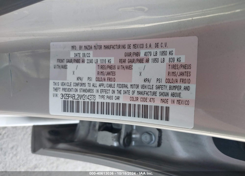 2022 MAZDA 3 SELECT VIN: 3MZBPABL2NM314378