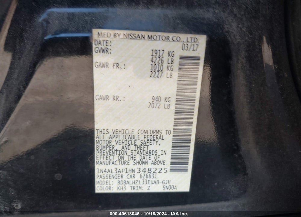 2017 NISSAN ALTIMA 2.5 SR VIN: 1N4AL3AP1HN348225