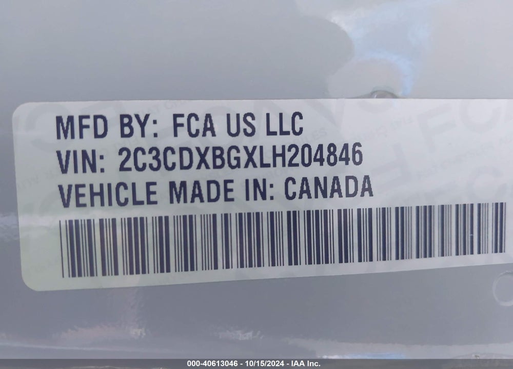 2020 DODGE CHARGER SXT RWD VIN: 2C3CDXBGXLH204846
