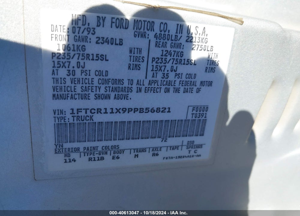 1993 FORD RANGER VIN: 1FTCR11X9PPB56821