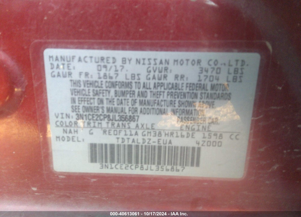 2018 NISSAN VERSA NOTE SV VIN: 3N1CE2CP8JL356867