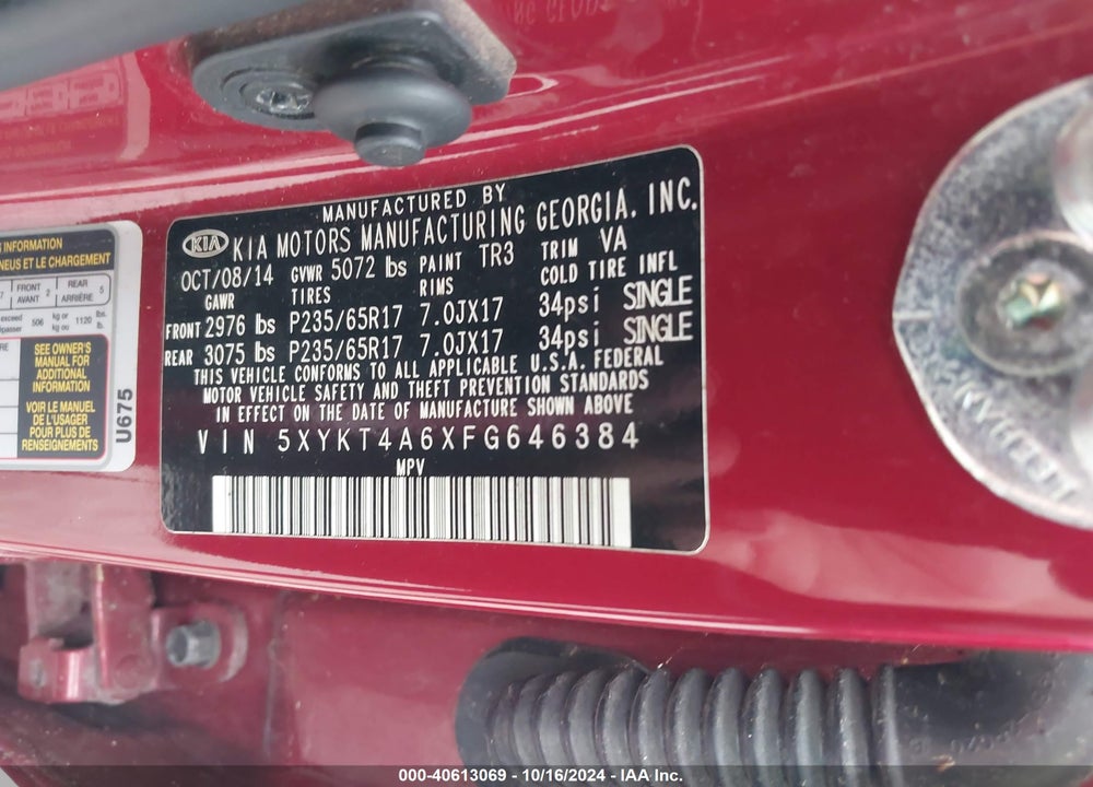 2015 KIA SORENTO LX VIN: 5XYKT4A6XFG646384