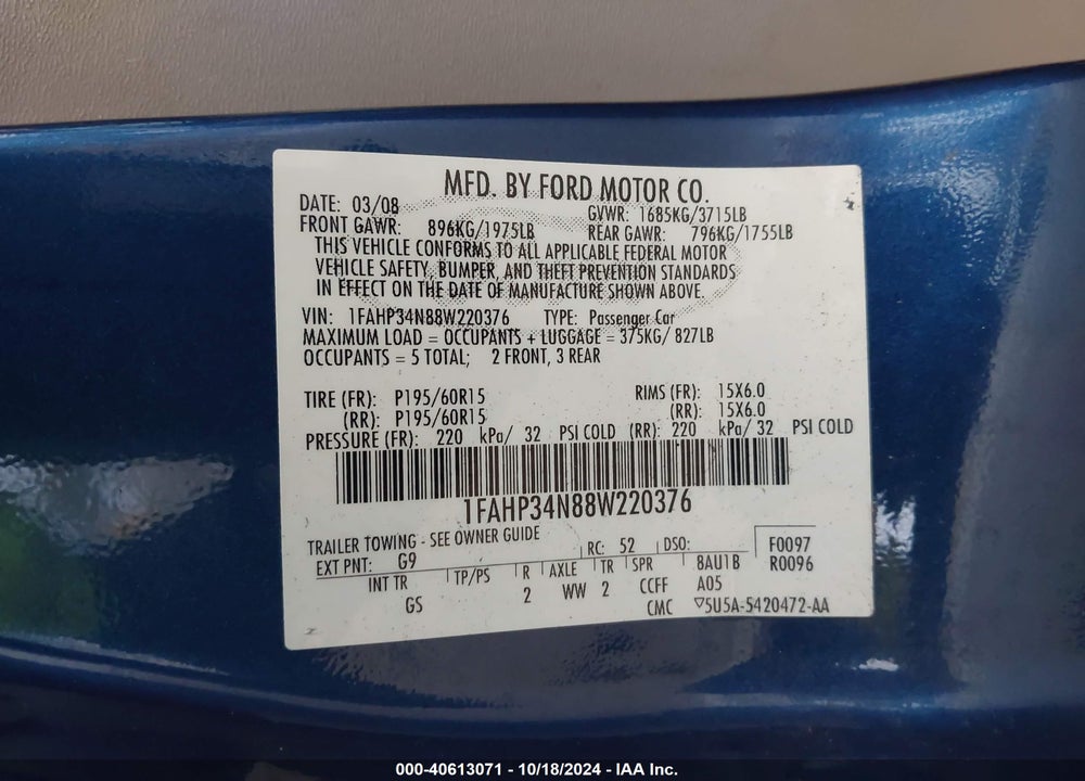 2008 FORD FOCUS S VIN: 1FAHP34N88W220376