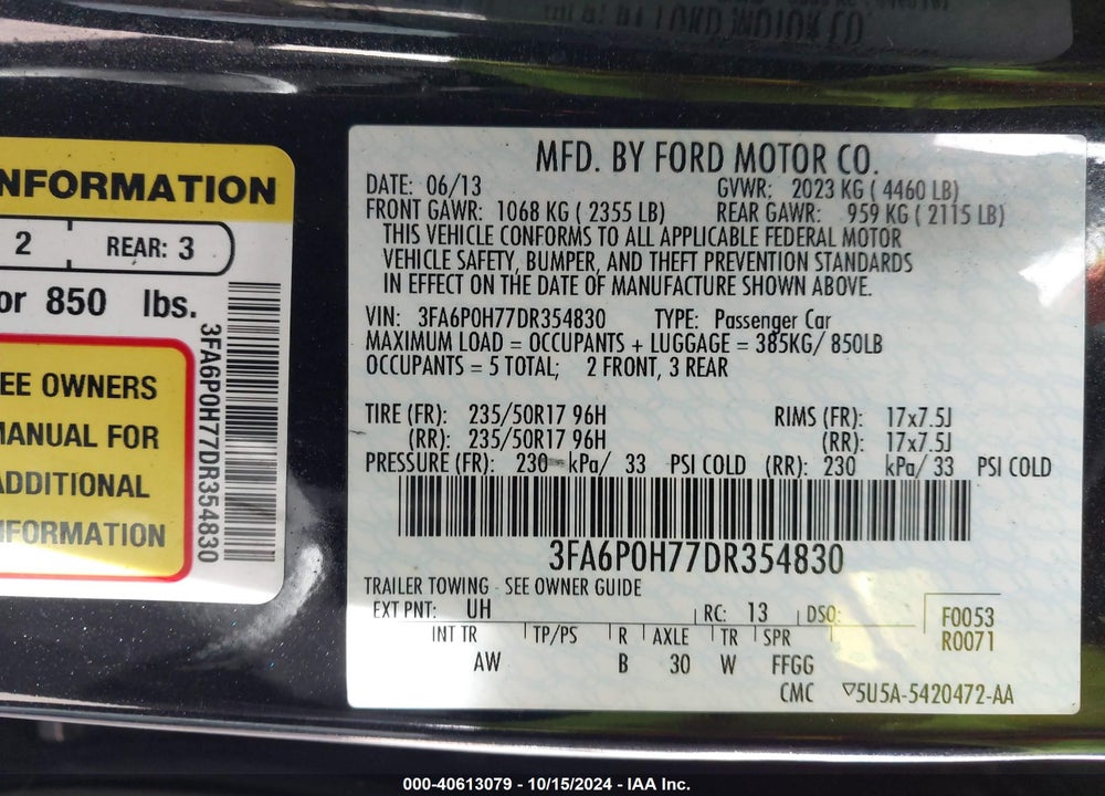 2013 FORD FUSION SE VIN: 3FA6P0H77DR354830