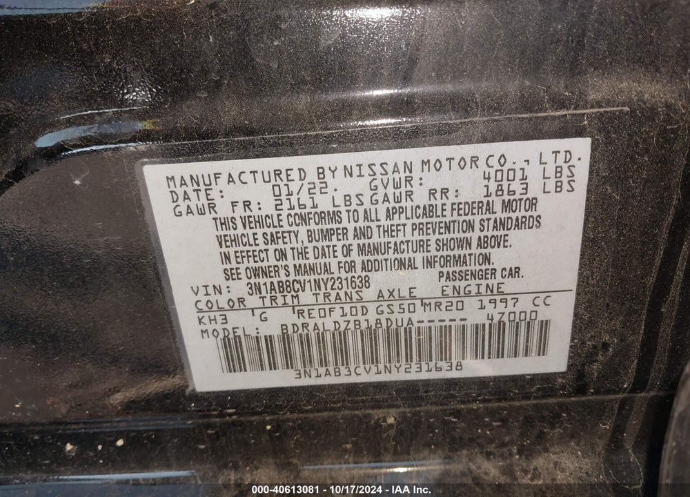 2022 NISSAN SENTRA SV XTRONIC CVT VIN: 3N1AB8CV1NY231638