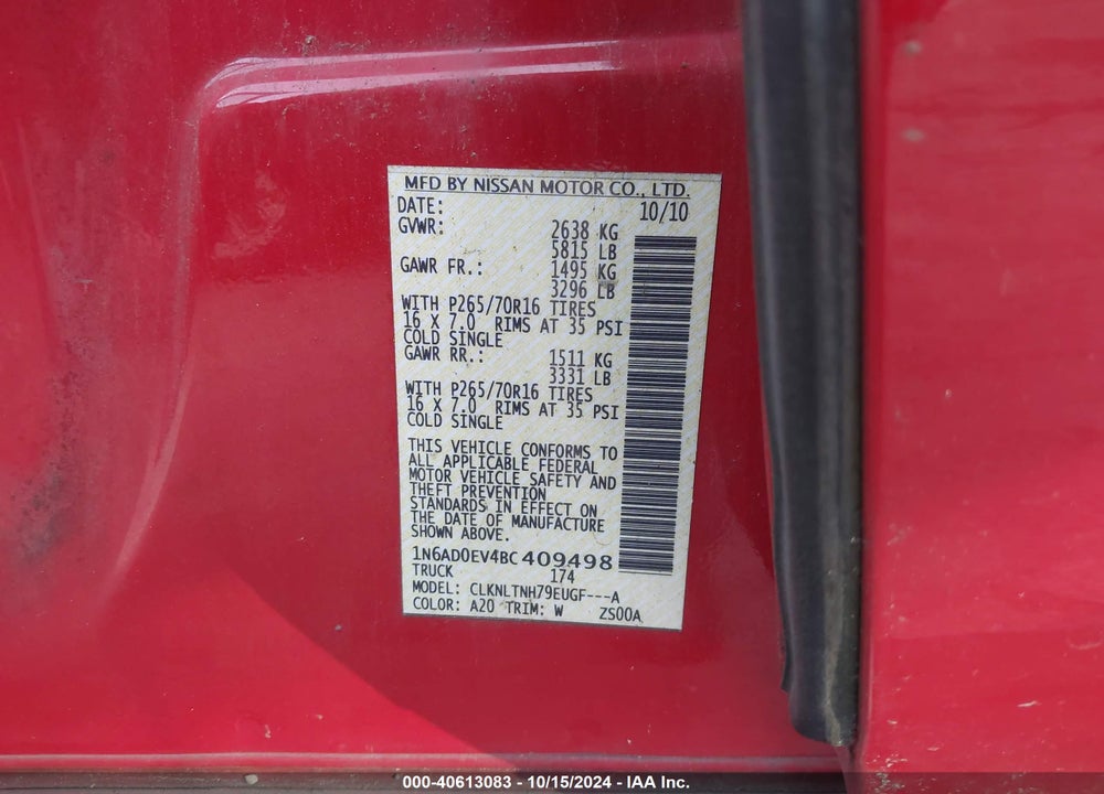 2011 NISSAN FRONTIER SV VIN: 1N6AD0EV4BC409498