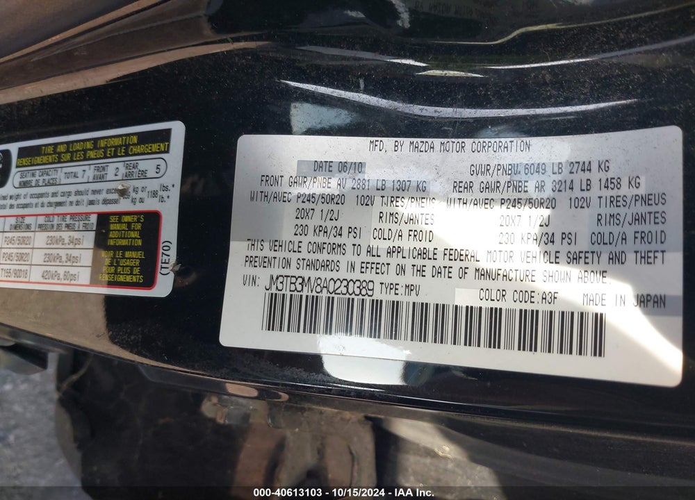 2010 MAZDA CX-9 GRAND TOURING VIN: JM3TB3MV8A0230389