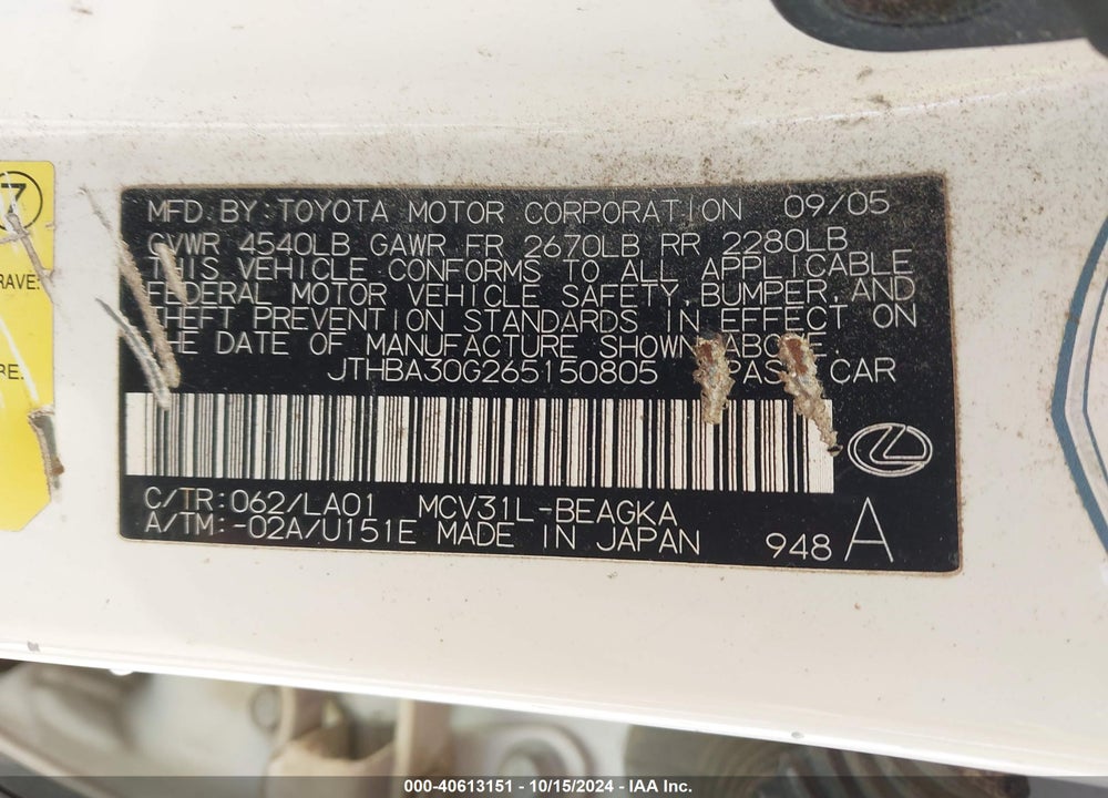 2006 LEXUS ES 330 VIN: JTHBA30G265150805