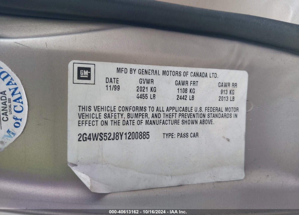 2000 BUICK CENTURY CUSTOM VIN: 2G4WS52J8Y1200885