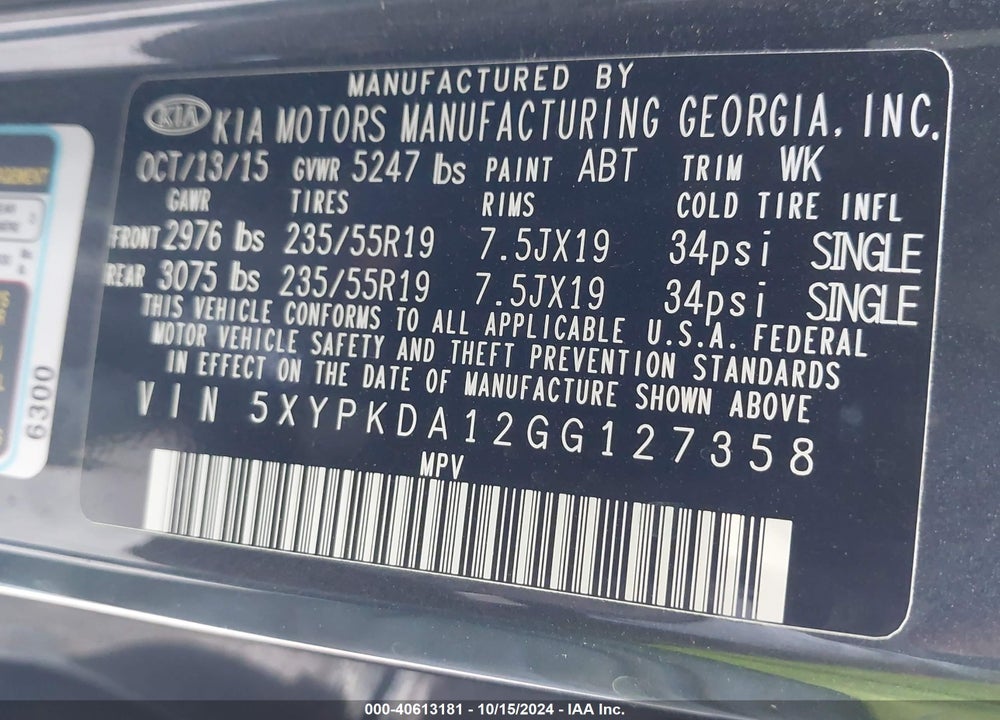 2016 KIA SORENTO 2.0T SXL VIN: 5XYPKDA12GG127358