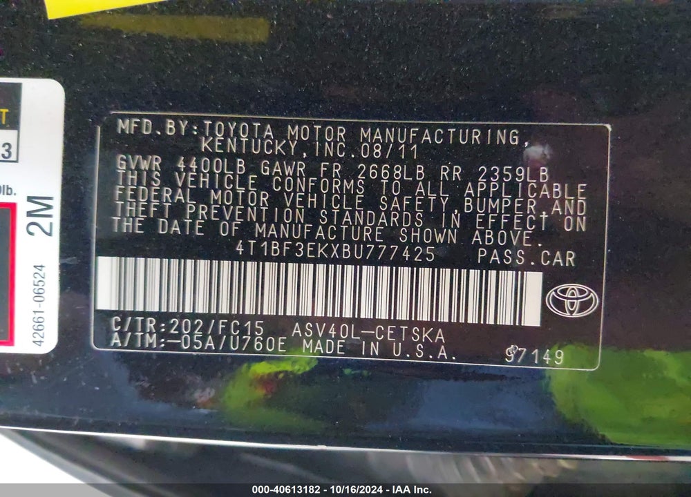 2011 TOYOTA CAMRY SE VIN: 4T1BF3EKXBU777425