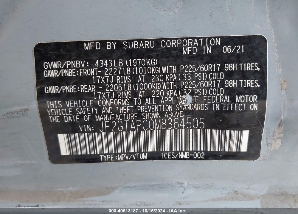 2021 SUBARU CROSSTREK PREMIUM VIN: JF2GTAPC0M8364505