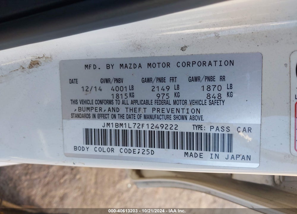 2015 MAZDA 3 I TOURING VIN: JM1BM1L72F1249222