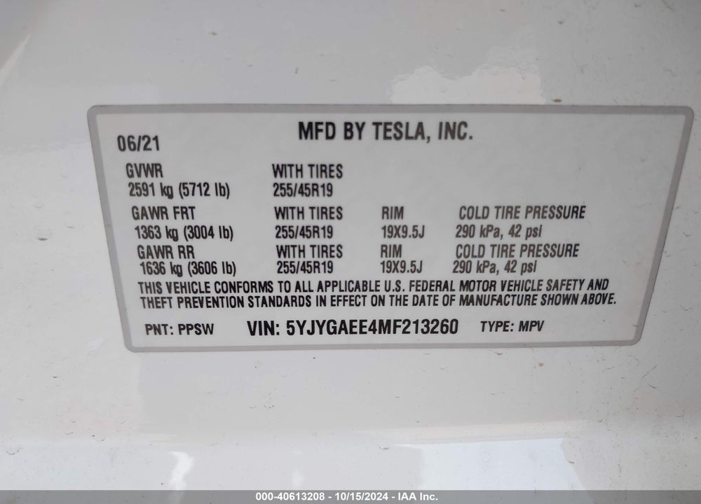 2021 TESLA MODEL Y LONG RANGE DUAL MOTOR ALL-WHEEL DRIVE VIN: 5YJYGAEE4MF213260