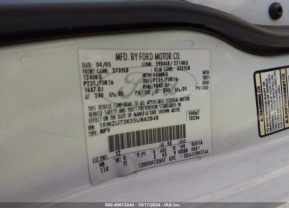 2005 FORD EXPLORER XLT/XLT SPORT/NBX VIN: 1FMZU73K55UB62848