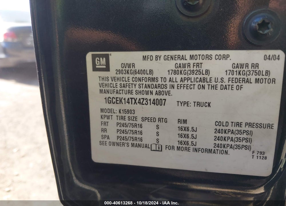 2004 CHEVROLET SILVERADO 1500 WORK TRUCK VIN: 1GCEK14TX4Z314007