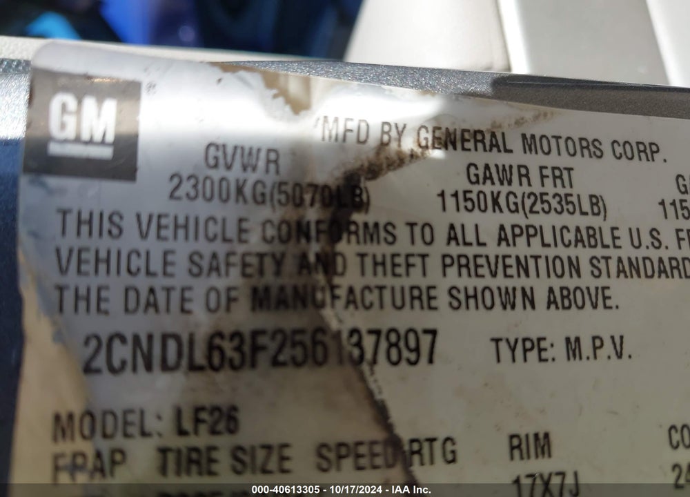 2005 CHEVROLET EQUINOX LT VIN: 2CNDL63F256137897