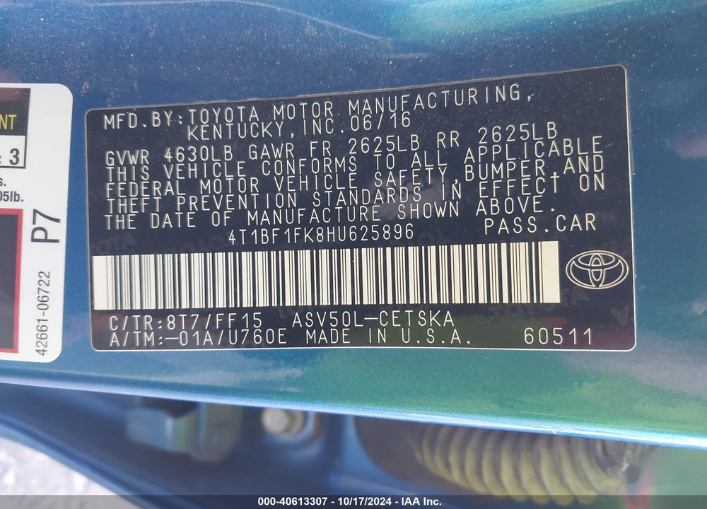 2017 TOYOTA CAMRY SE VIN: 4T1BF1FK8HU625896