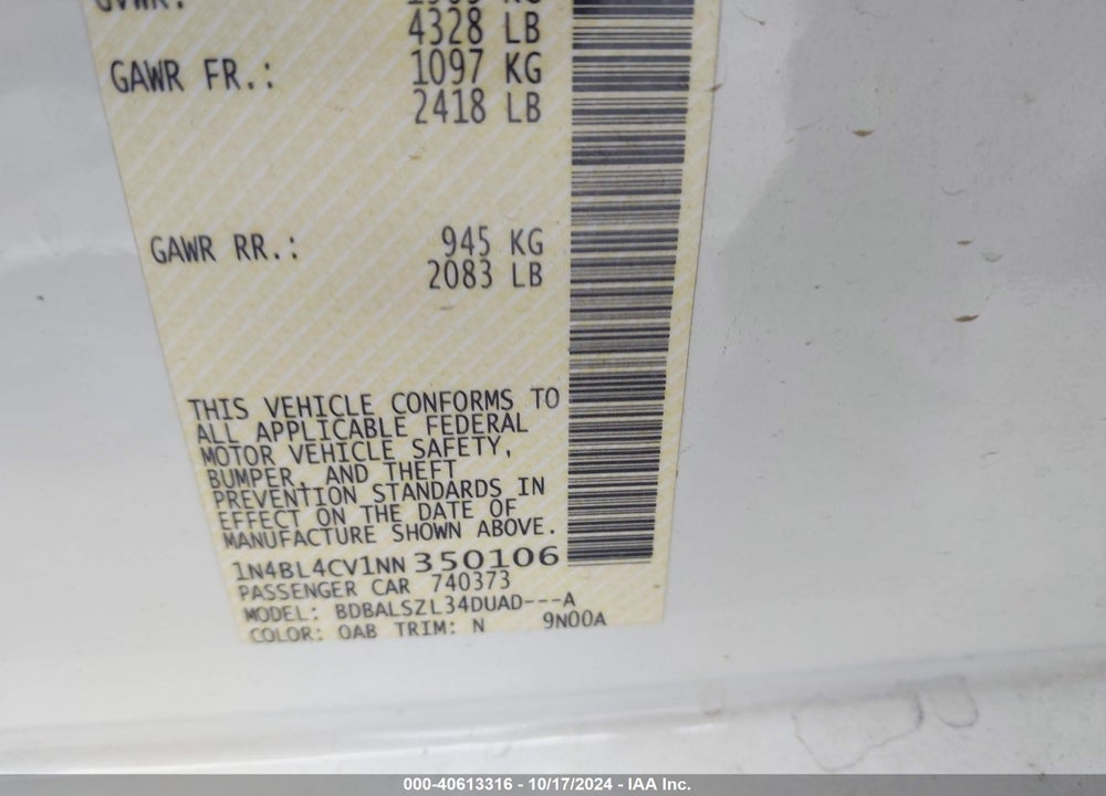 2022 NISSAN ALTIMA SR FWD VIN: 1N4BL4CV1NN350106