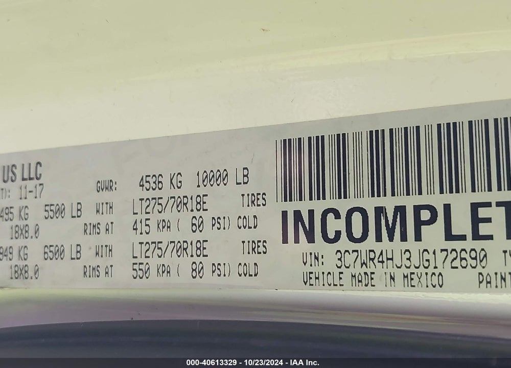 2018 RAM 2500 TRADESMAN 4X2 8' BOX VIN: 3C7WR4HJ3JG172690