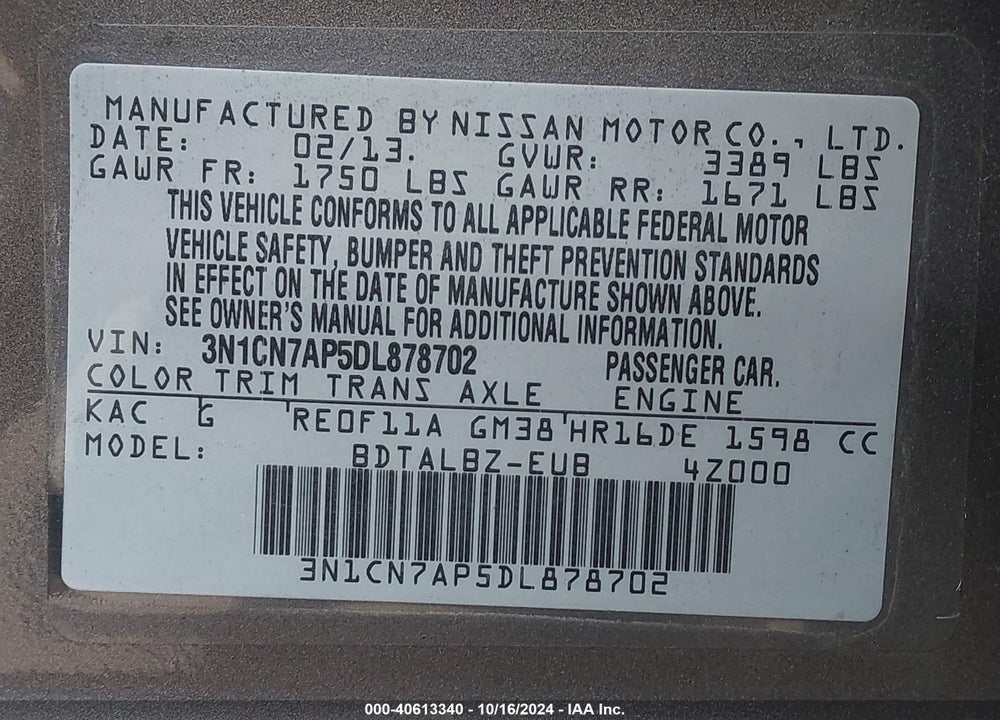 2013 NISSAN VERSA 1.6 SV VIN: 3N1CN7AP5DL878702