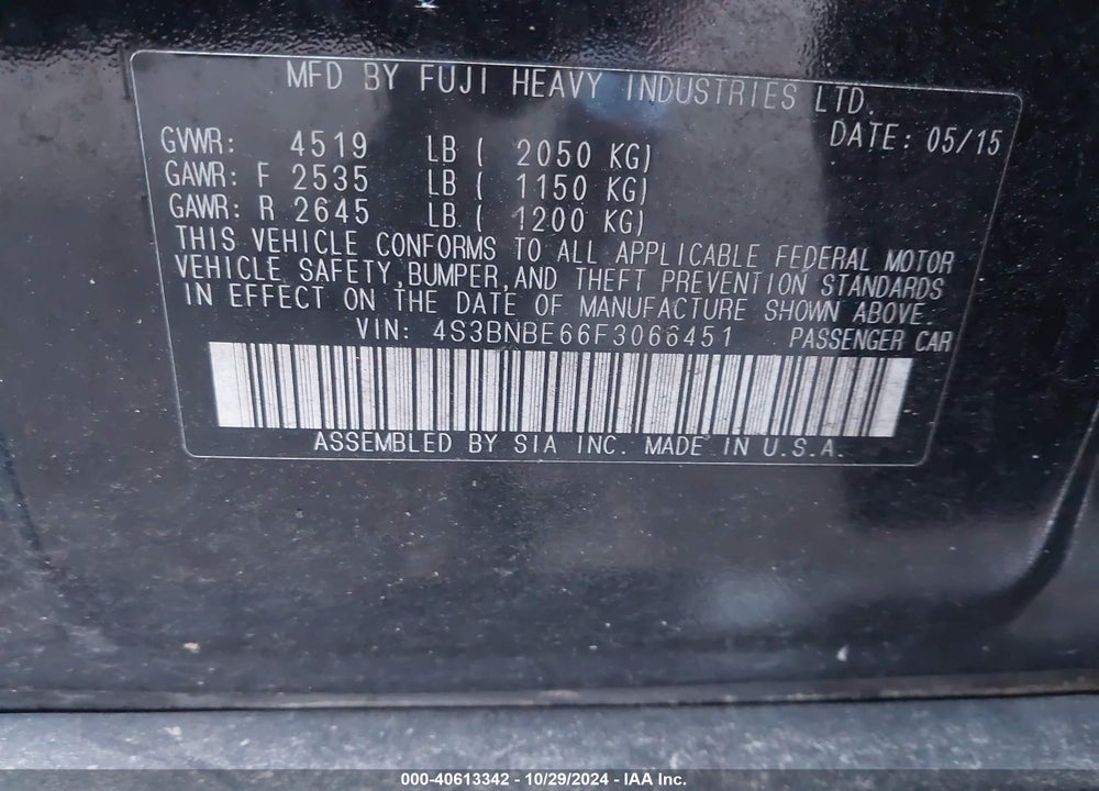2015 SUBARU LEGACY 2.5I PREMIUM VIN: 4S3BNBE66F3066451