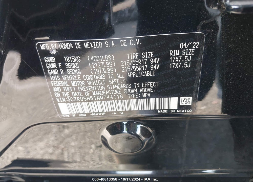 2022 HONDA HR-V 2WD EX VIN: 3CZRU5H51NM744116