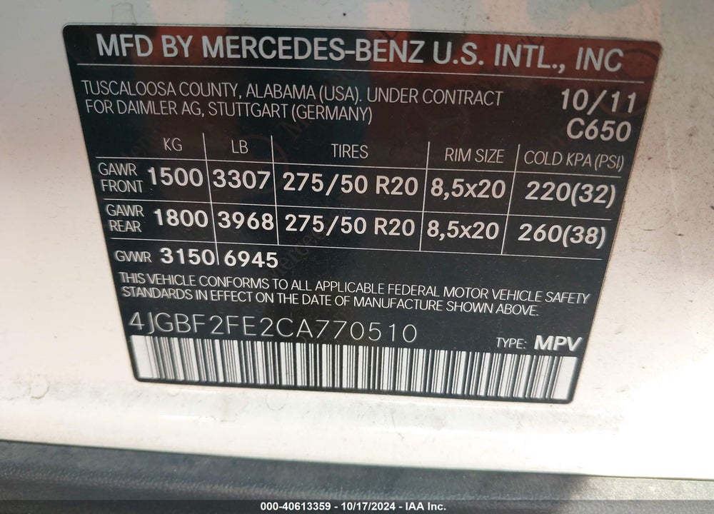2012 MERCEDES-BENZ GL 350 BLUETEC 4MATIC VIN: 4JGBF2FE2CA770510
