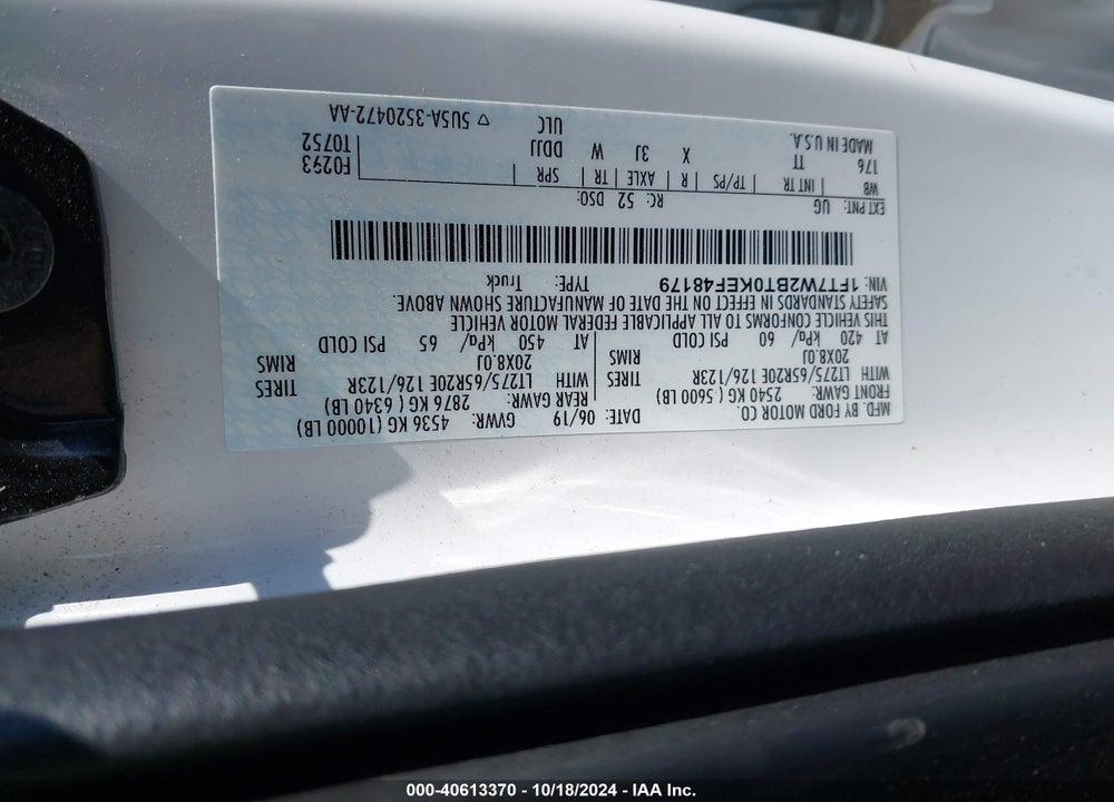 2019 FORD F-250 LIMITED VIN: 1FT7W2BT0KEF48179