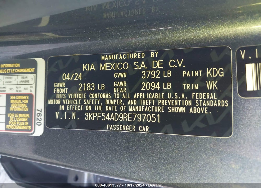 2024 KIA FORTE VIN: 3KPF54AD9RE797051
