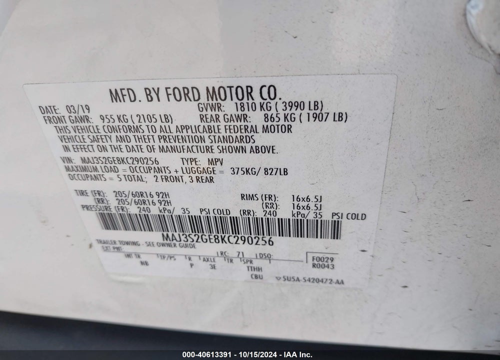 2019 FORD ECOSPORT SE VIN: MAJ3S2GE8KC290256