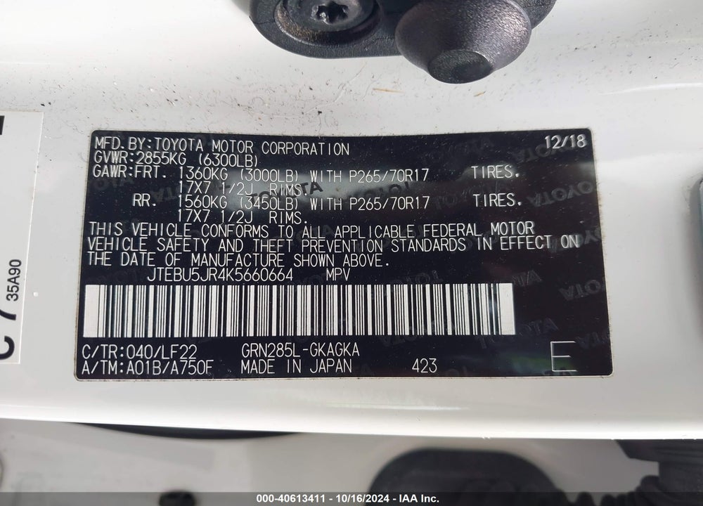 2019 TOYOTA 4RUNNER TRD PRO VIN: JTEBU5JR4K5660664