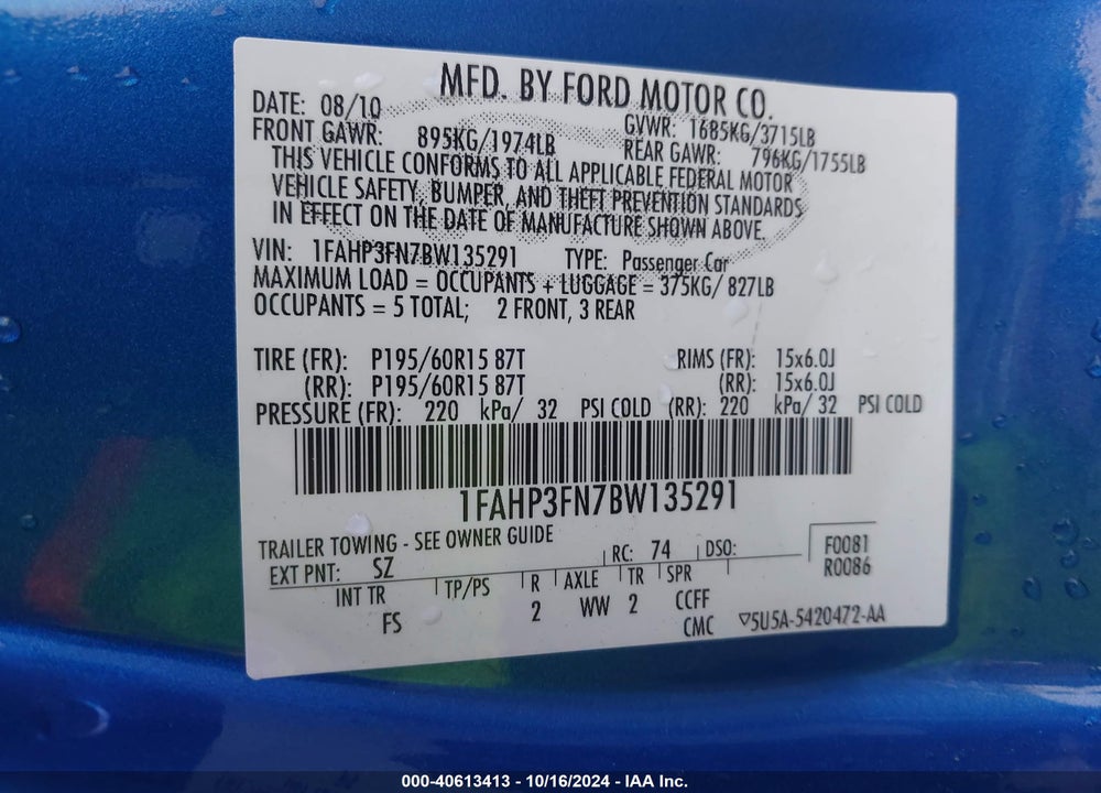 2011 FORD FOCUS SE VIN: 1FAHP3FN7BW135291