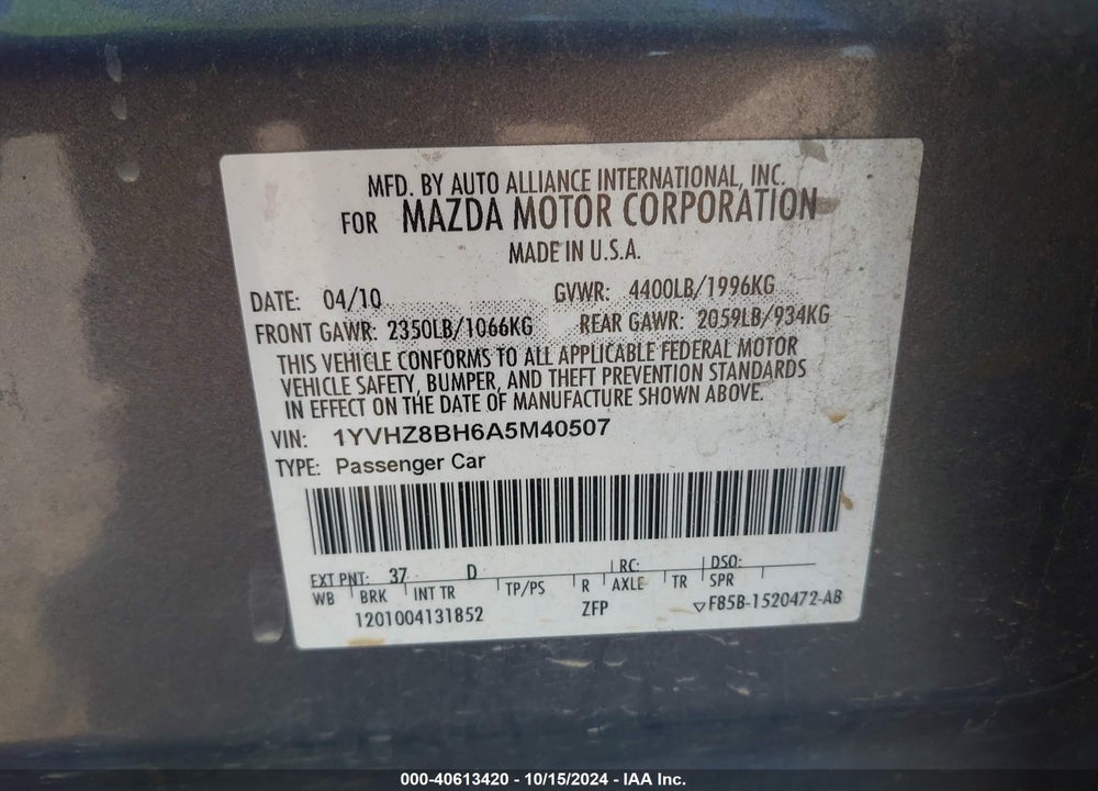 2010 MAZDA 6 I SPORT VIN: 1YVHZ8BH6A5M40507