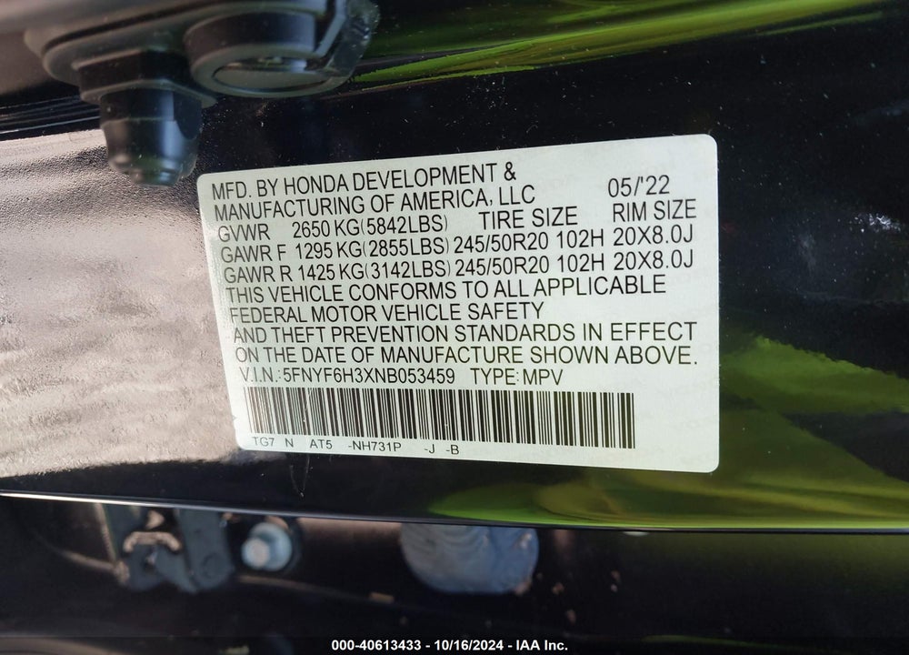 2022 HONDA PILOT AWD SPORT VIN: 5FNYF6H3XNB053459
