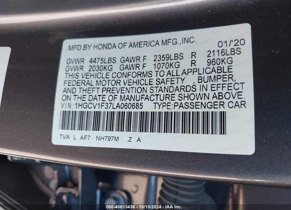 2020 HONDA ACCORD SPORT VIN: 1HGCV1F37LA060685