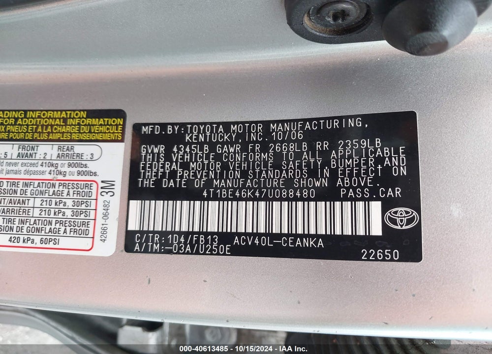 2007 TOYOTA CAMRY LE VIN: 4T1BE46K47U088480