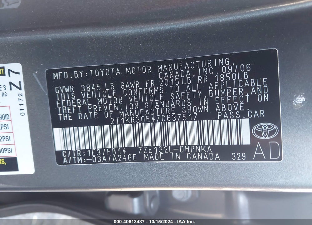 2007 TOYOTA MATRIX/XR VIN: 2T1KR30E47C637517