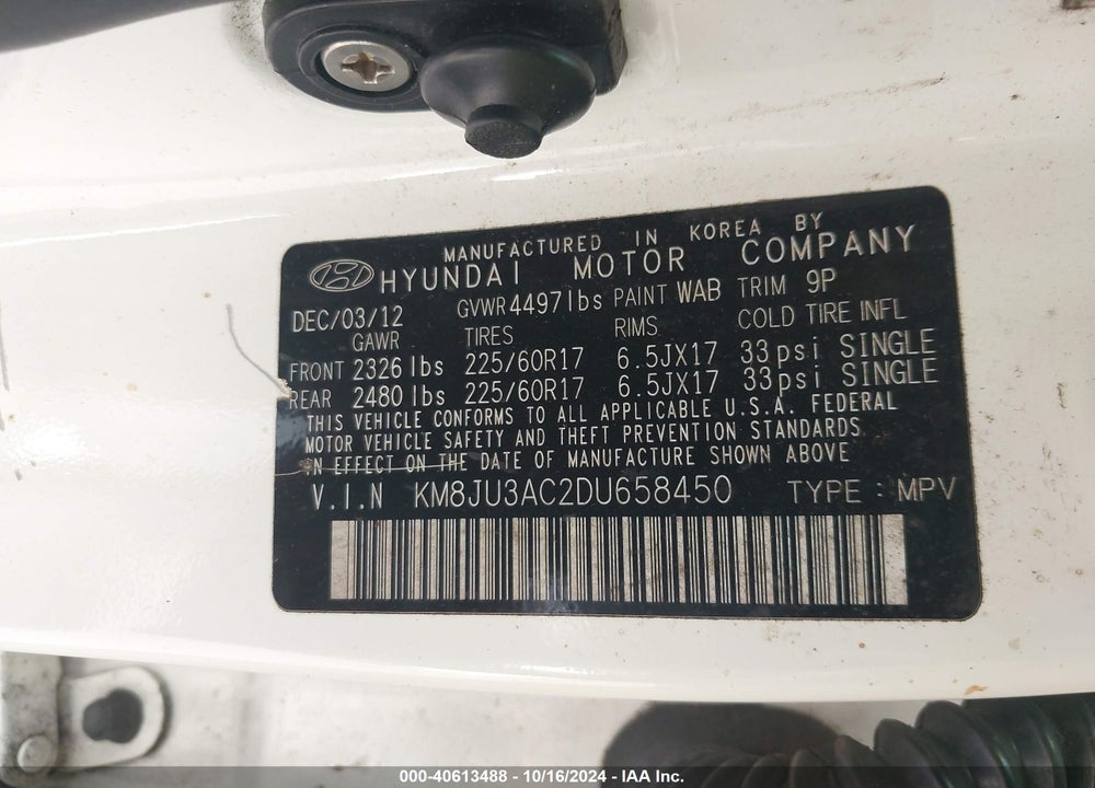 2013 HYUNDAI TUCSON GLS VIN: KM8JU3AC2DU658450