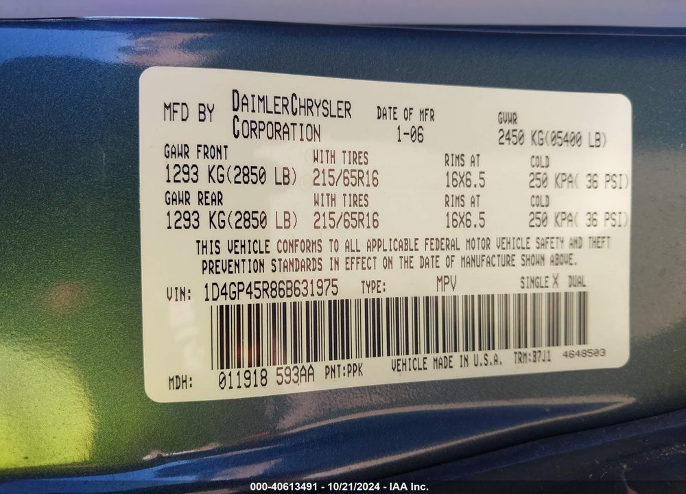 2006 DODGE CARAVAN VIN: 1D4GP45R86B631975