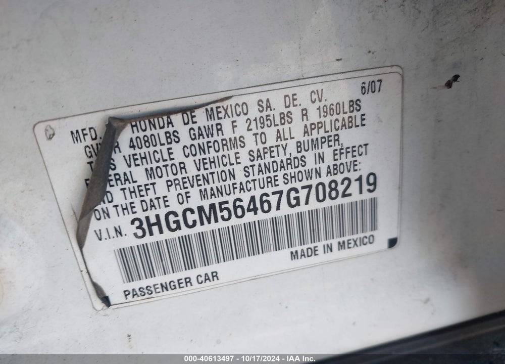 2007 HONDA ACCORD 2.4 LX VIN: 3HGCM56467G708219