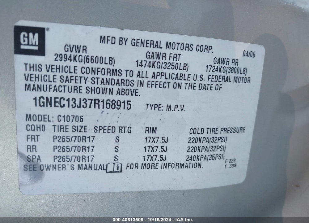 2007 CHEVROLET TAHOE LS VIN: 1GNEC13J37R168915