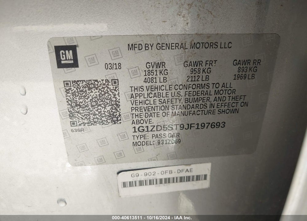 2018 CHEVROLET MALIBU VIN: 1G1ZD5ST9JF197693