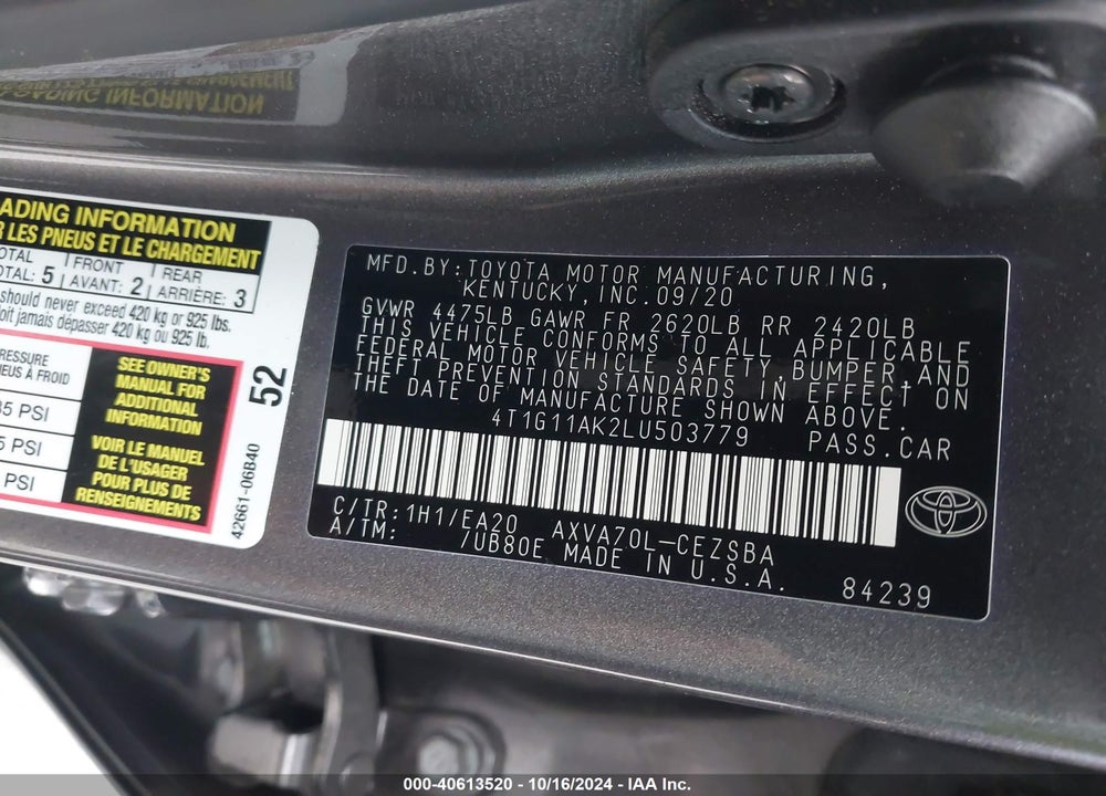 2020 TOYOTA CAMRY SE VIN: 4T1G11AK2LU503779