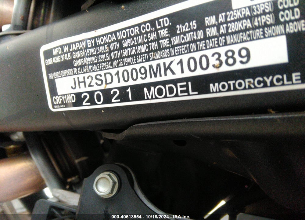 2021 HONDA CRF1100 D VIN: JH2SD1009MK100389